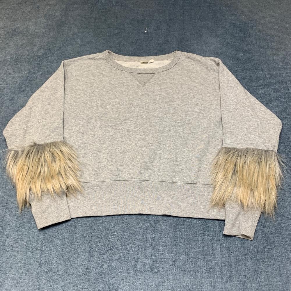 Gap Cropped Sweatshirt Womens Medium Heather Gray Round Neck Faux Fur Sleeve